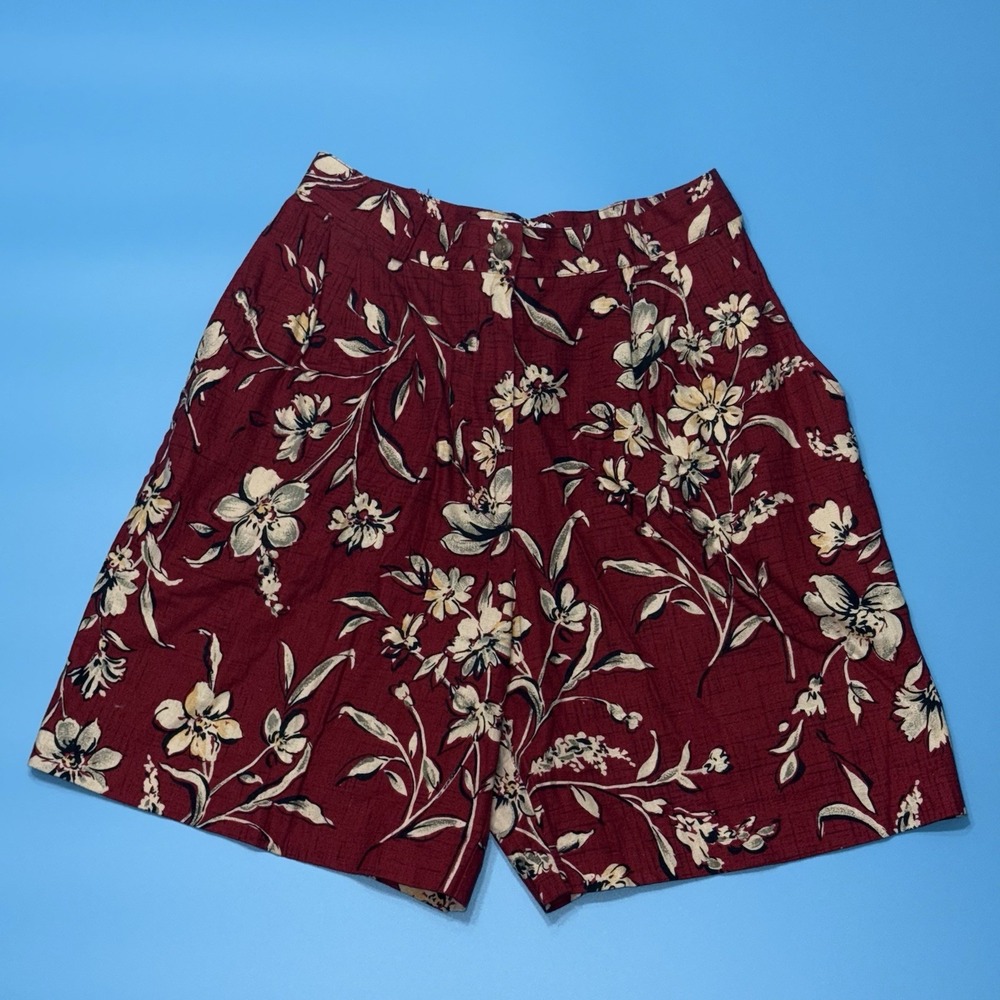 Vintage Talbots Petites 8P Floral Print Linen Blend Shorts Burgundy Red Summer